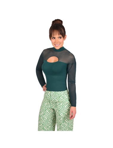 Body Mujer Reductor Cuello Alto  Diseño con Blonda Mangas en Rayas Apertura en Busto