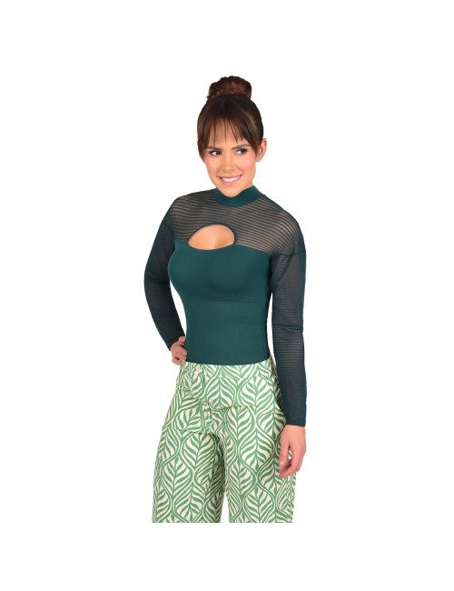 Body Mujer Reductor Cuello Alto  Diseño con Blonda Mangas en Rayas Apertura en Busto