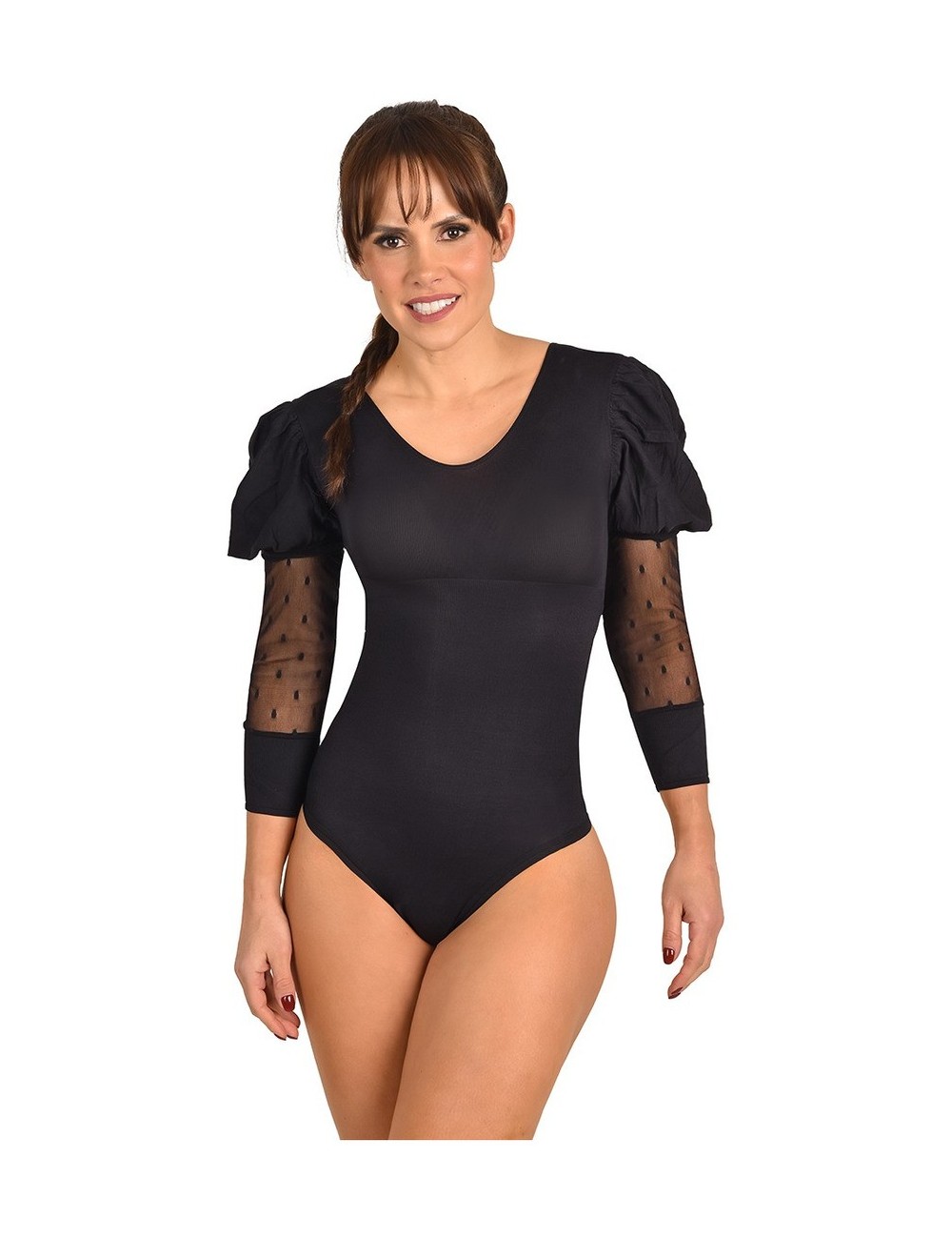 Body Faja Control Mujer Ritchi Escote Redondo Manga 3/4 Transparencia en Blonda